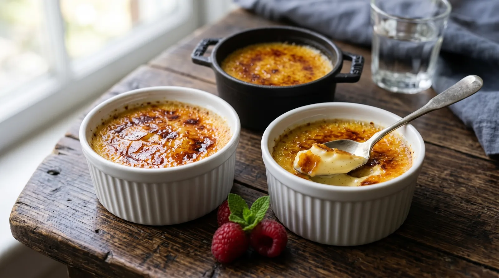 Klasyczny francuski deser Crème Brûlée z chrupiącą karmelową taflą w ceramicznej kokilce