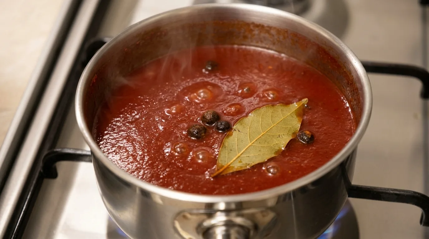 Karmelizacja koncentratu pomidorowego i przygotowanie słodko-kwaśnej zalewy z przyprawami korzennymi