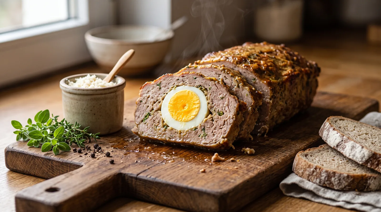 Tradycyjna pieczeń rzymska z jajkiem w przekroju, podana w plastrach na drewnianej desce z chrzanem